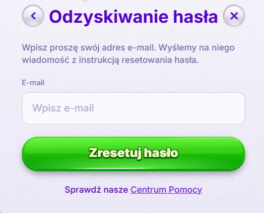 Panel odzyskiwania hasła z e-mailem i resetem