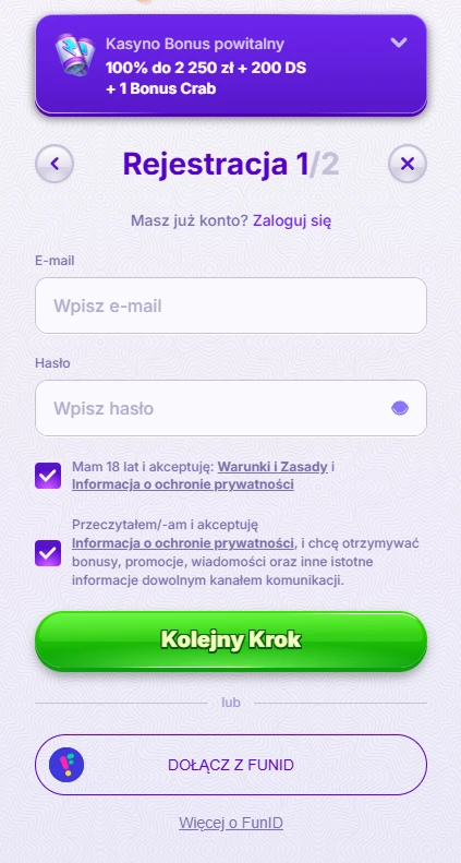 Formularz rejestracyjny część 1 z e-mailem i hasłem