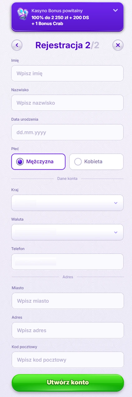 Formularz rejestracyjny część 2 z danymi osobowymi